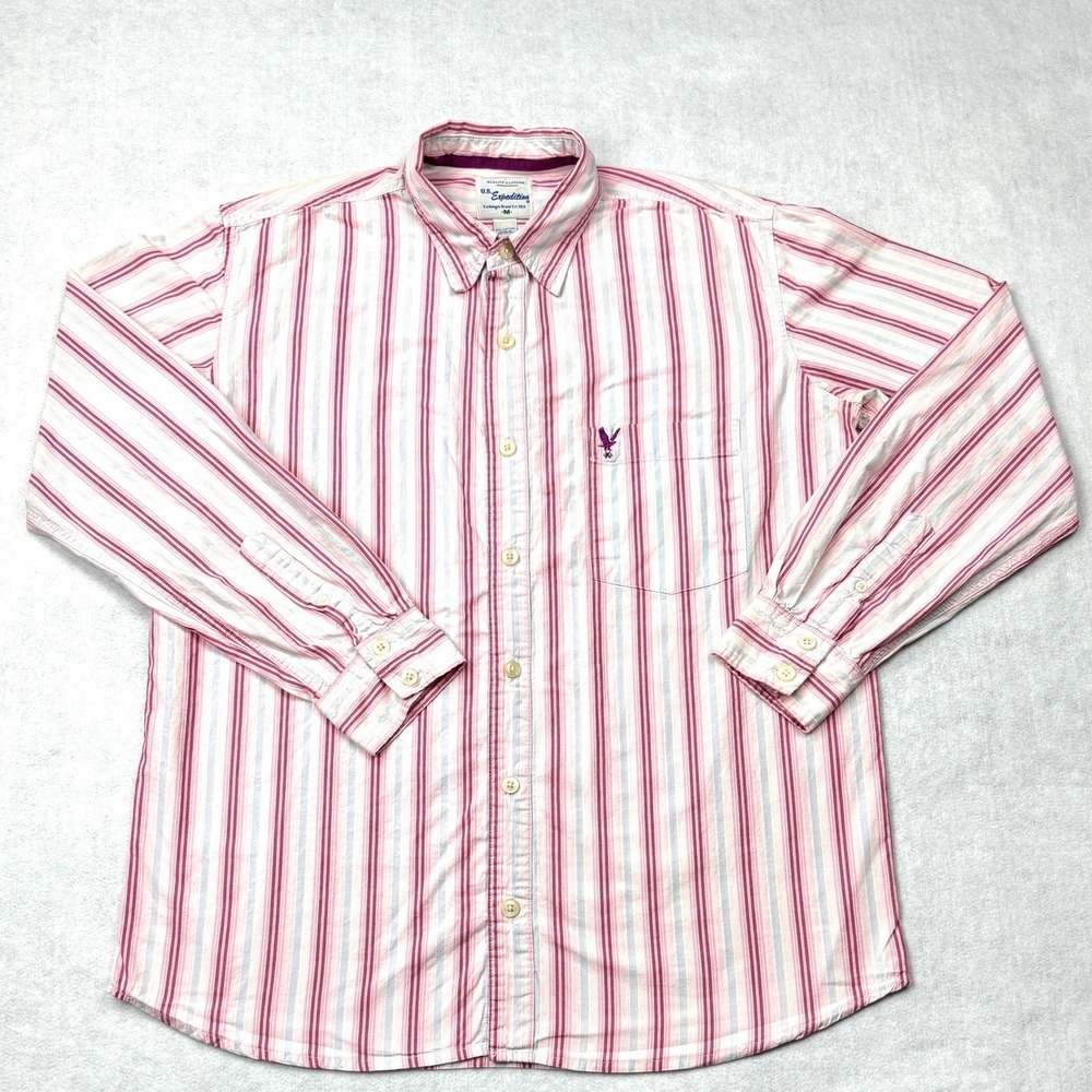 US Expedition Mens Medium Pink Striped Long Sleeve‎ Button Down Cotton Shirt